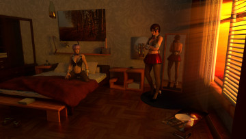 Картинка 3д+графика люди+ people зеркало картина кровать фон взгляд девушки