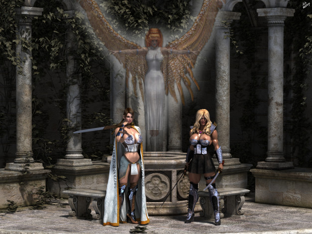 Обои картинки фото 3д графика, амазонки , amazon, колоны, ангел, оружие, фон, взгляд, девушки