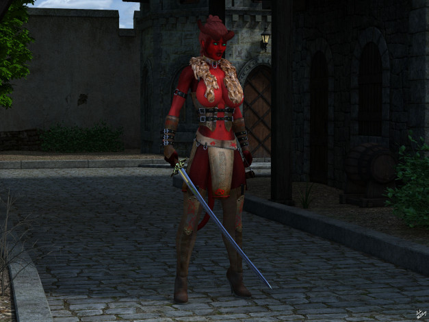 Обои картинки фото 3д графика, фантазия , fantasy, оружие, фон, взгляд, девушка