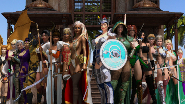 Обои картинки фото 3д графика, амазонки , amazon, взгляд, девушки, лестница, дворец, оружие