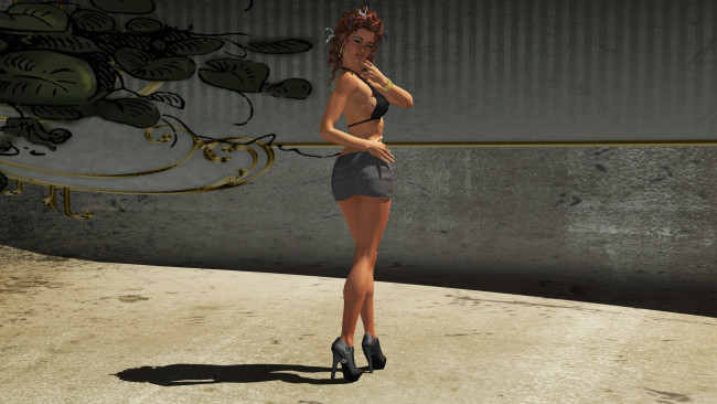 Обои картинки фото 3д графика, люди , people, девушка, стена, юбка, фон, взгляд