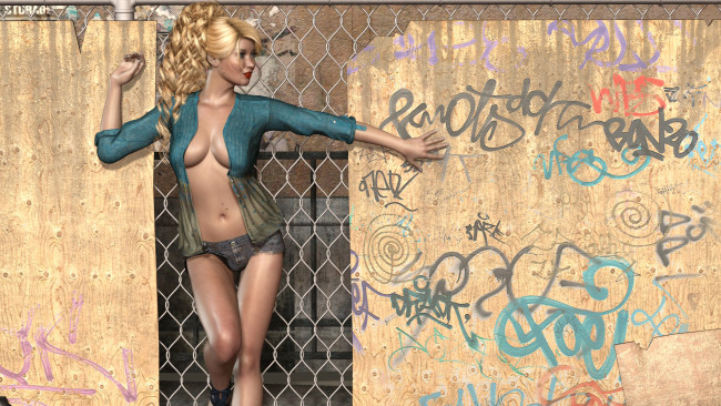 Обои картинки фото 3д графика, люди , people, девушка, взгляд, фон, блондинка, забор, бочка