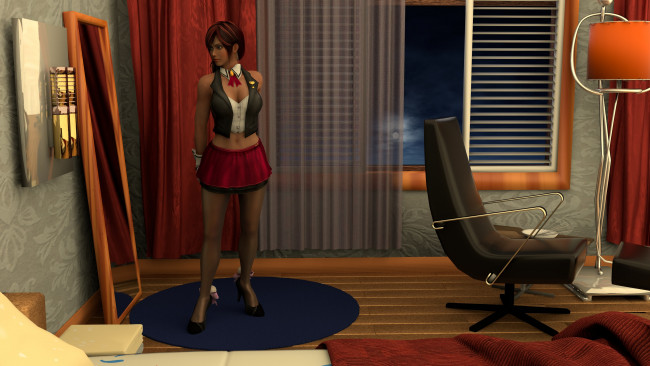 Обои картинки фото 3д графика, люди , people, фон, шторы, комната, окно, взгляд, стул, светильник, зеркало, девушка