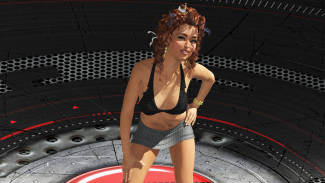 Обои картинки фото 3д графика, люди , people, улыбка, лифчик, юбка, жест, фон, взгляд, девушка