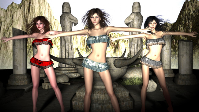 Обои картинки фото 3д графика, люди , people, юбки, скульптуры, фон, взгляд, девушки