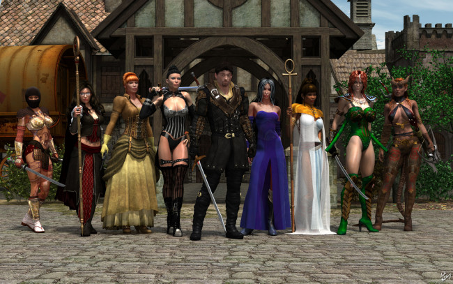 Обои картинки фото 3д графика, амазонки , amazon, лестница, кастаникадворец, оружие, взгляд, девушки, мужчина