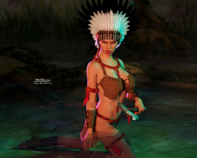 Картинка 3д+графика амазонки+ amazon фон перья взгляд девушка