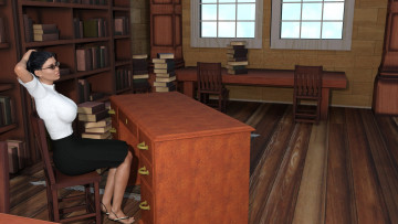 Картинка 3д+графика люди+ people библиотека стол фон взгляд девушка