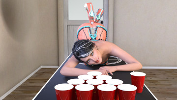 Картинка 3д+графика люди+ people фон чашки скамейка взгляд девушка