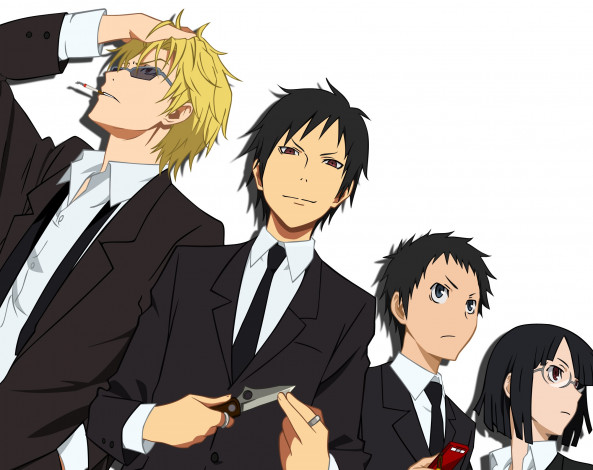 Обои картинки фото аниме, durarara, изая, шизуо, персонажи, девушка, парни, фон, дюрарара
