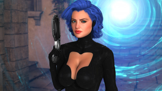 Обои картинки фото 3д графика, фантазия , fantasy, фон, девушка, оружие, взгляд