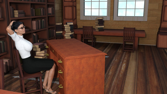 Обои картинки фото 3д графика, люди , people, библиотека, стол, фон, взгляд, девушка