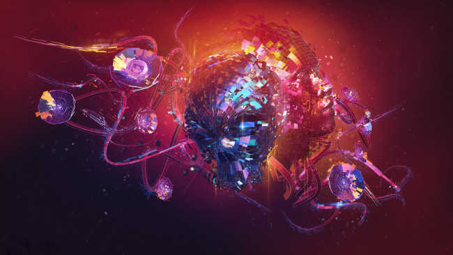 Обои картинки фото фэнтези, роботы,  киборги,  механизмы, кубики, лицо, абстракция