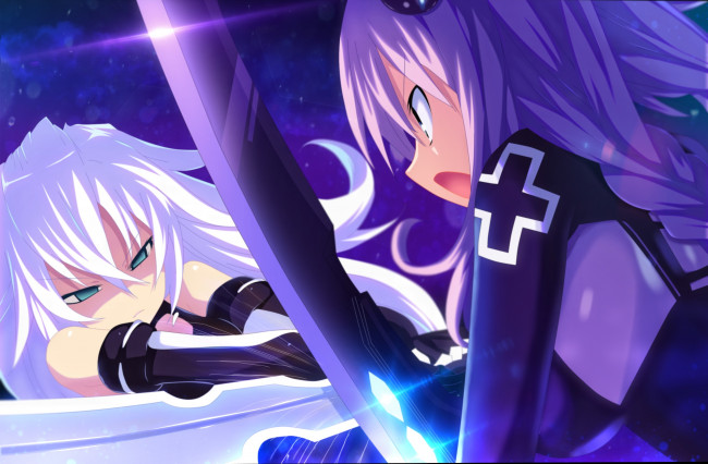 Обои картинки фото аниме, hyperdimension neptunia, сражение, оружие, девочки, black, heart, hyperdimension, neptunia, арт, planeptune, purple