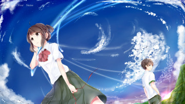 Картинка аниме kimi+no+na+wa фон взгляд девушка парень