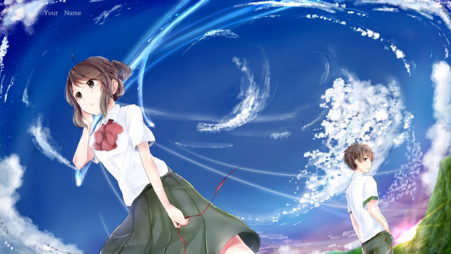 Обои картинки фото аниме, kimi no na wa, фон, взгляд, девушка, парень