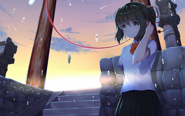 Обои картинки фото аниме, kimi no na wa, фон, взгляд, девушка