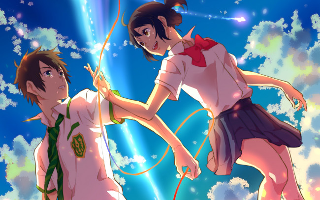 Обои картинки фото аниме, kimi no na wa, фон, взгляд, девушка, парень