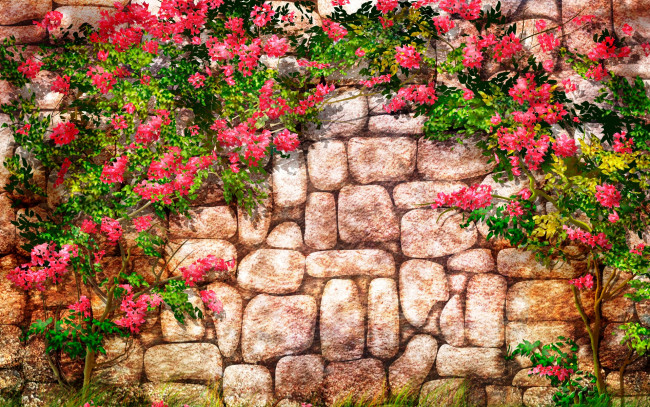 Обои картинки фото рисованное, цветы, арка, стена