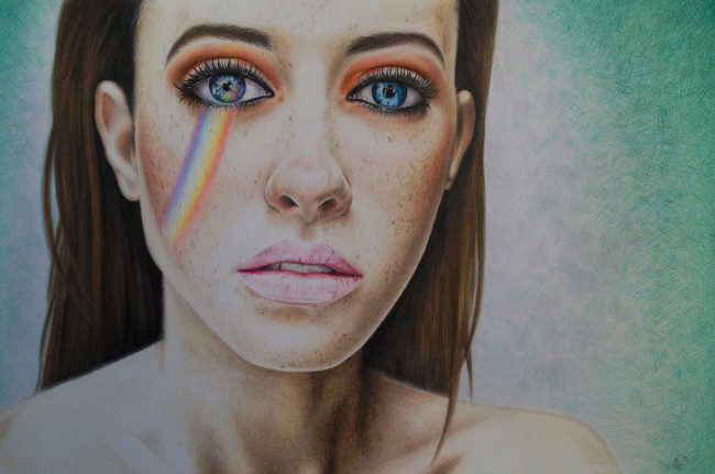 Обои картинки фото рисованное, люди, фон, взгляд, радуга, девушка