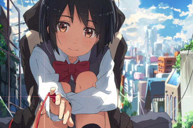 Обои картинки фото аниме, kimi no na wa, фон, взгляд, девушка