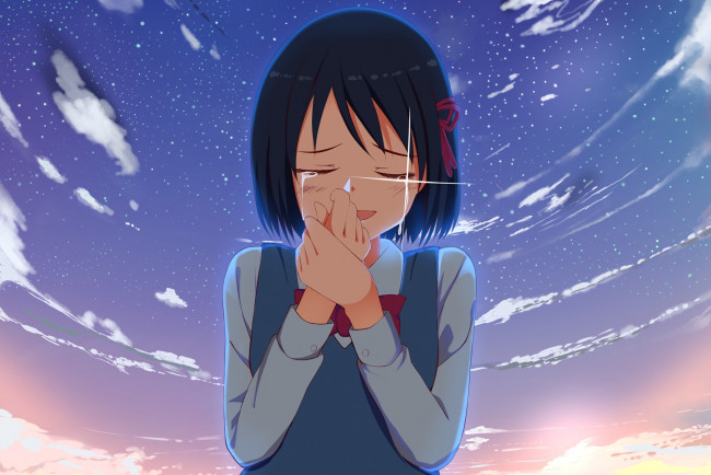 Обои картинки фото аниме, kimi no na wa, взгляд, девушка, фон