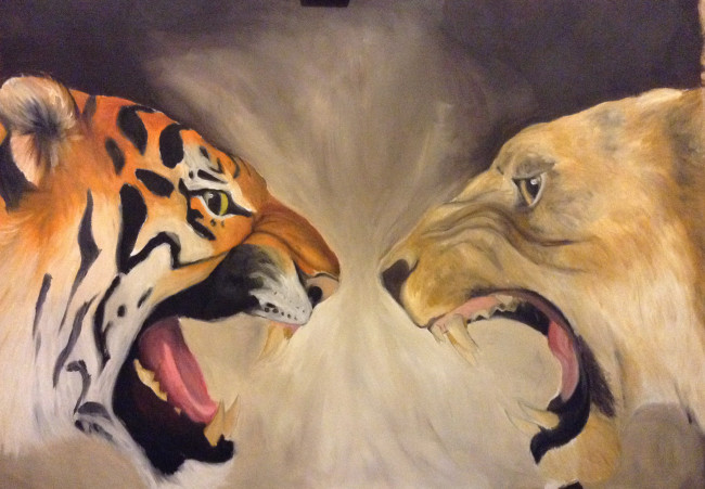 Обои картинки фото рисованное, животные, фон, тигр, оскал, медведь