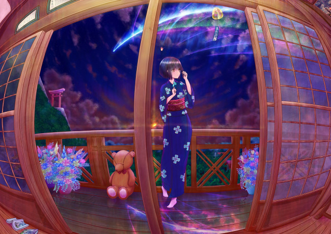 Обои картинки фото аниме, kimi no na wa, фон, взгляд, девушка