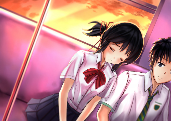 Обои картинки фото аниме, kimi no na wa, парень, фон, взгляд, девушка