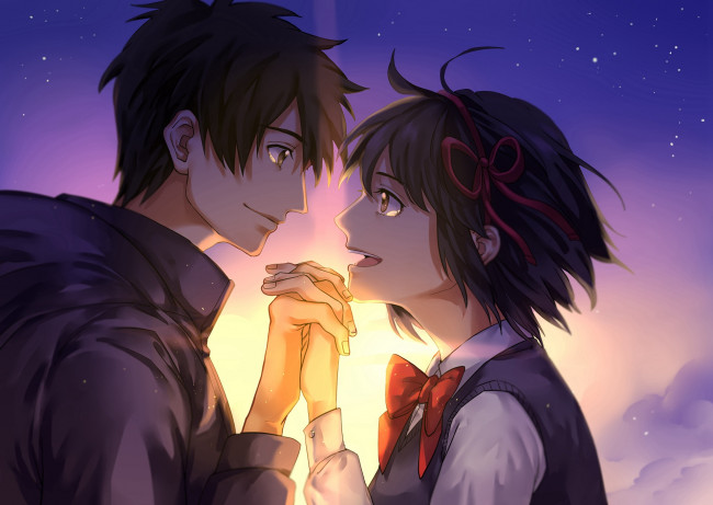 Обои картинки фото аниме, kimi no na wa, фон, парень, взгляд, девушка