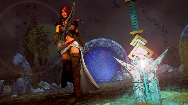 Обои картинки фото 3д графика, фантазия , fantasy, меч, взгляд, фон, девушка