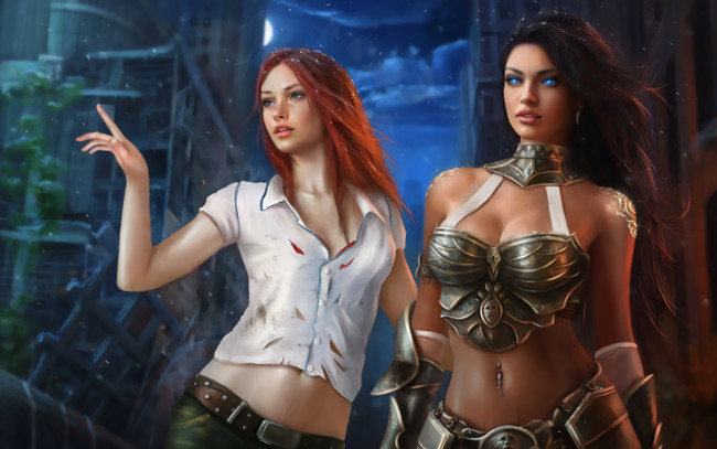 Обои картинки фото 3д графика, люди , people, взгляд, фон, девушки