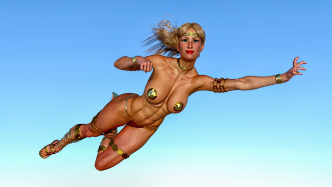 Обои картинки фото 3д графика, фантазия , fantasy, полет, фон, девушка, взгляд