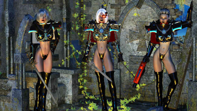 Обои картинки фото 3д графика, фантазия , fantasy, девушки, фон, взгляд, униформа, оружие