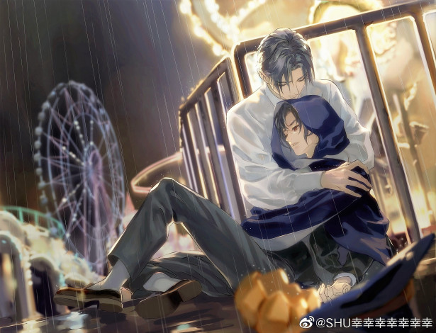 Обои картинки фото рисованное, люди, вэй, усянь, лань, ванцзы, плащ, дождь, парк