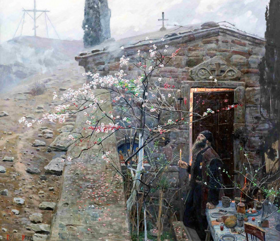 Обои картинки фото павел викторович рыженко, рисованное, павел рыженко, священник, свеча, весна, церковь