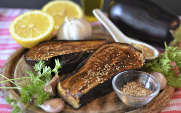 обоя еда, баклажаны, запеченные, чеснок, лимон