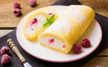 обоя еда, пирожные,  кексы,  печенье, мята, рулет, бисквит, малина