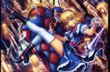 Картинка аниме touhou куклавод алиса девушка кресло книги марионетки
