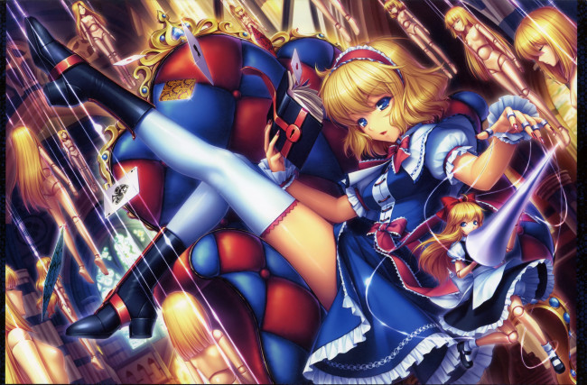 Обои картинки фото аниме, touhou, куклавод, алиса, девушка, кресло, книги, марионетки