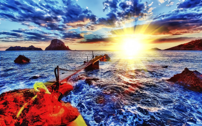 Обои картинки фото океан, рисованные, природа, причал, горы, солнце, небо