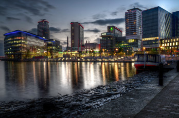 Картинка manchester+англия города -+огни+ночного+города сумерки дома англия manchester река