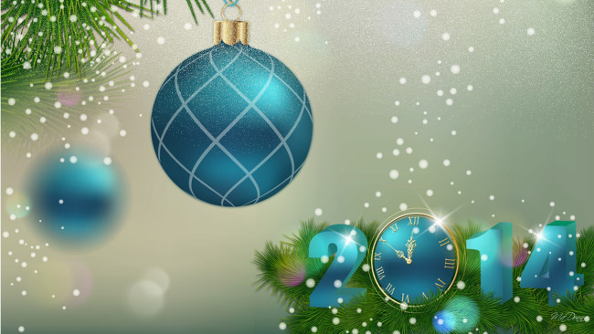 Обои картинки фото праздничные, 3д графика , новый год, ветки, шарик, часы