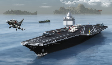 Картинка корабли 3d самолет авианосец море полет