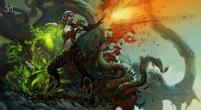 Обои картинки фото фэнтези, существа, уши, копыта, растение, огонь, магия, девушка, dryad, art, кровь