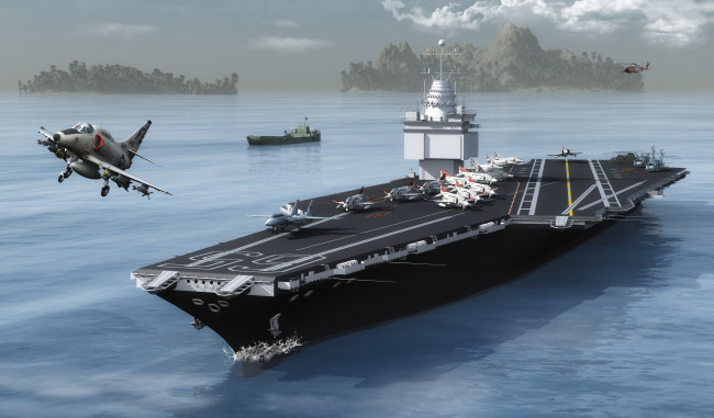 Обои картинки фото корабли, 3d, самолет, авианосец, море, полет