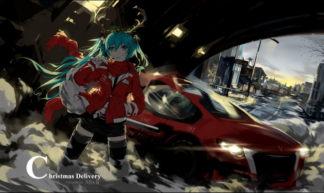Обои картинки фото аниме, vocaloid, новый, год, автомобиль, арт, miyisti-c, hatsune, miku