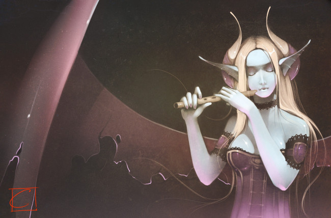 Обои картинки фото gaudibuendia, фэнтези, существа, девушка, крылья, флейта, уши, арт