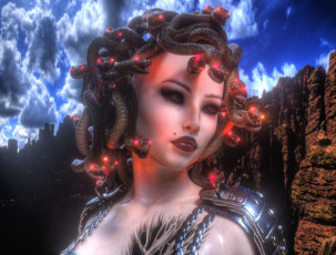 Картинка 3д+графика существа+ creatures горгона взгляд фон девушка