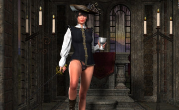 Картинка 3д+графика люди+ people чаша шпага фон мушкетер взгляд девушка шляпа свечи